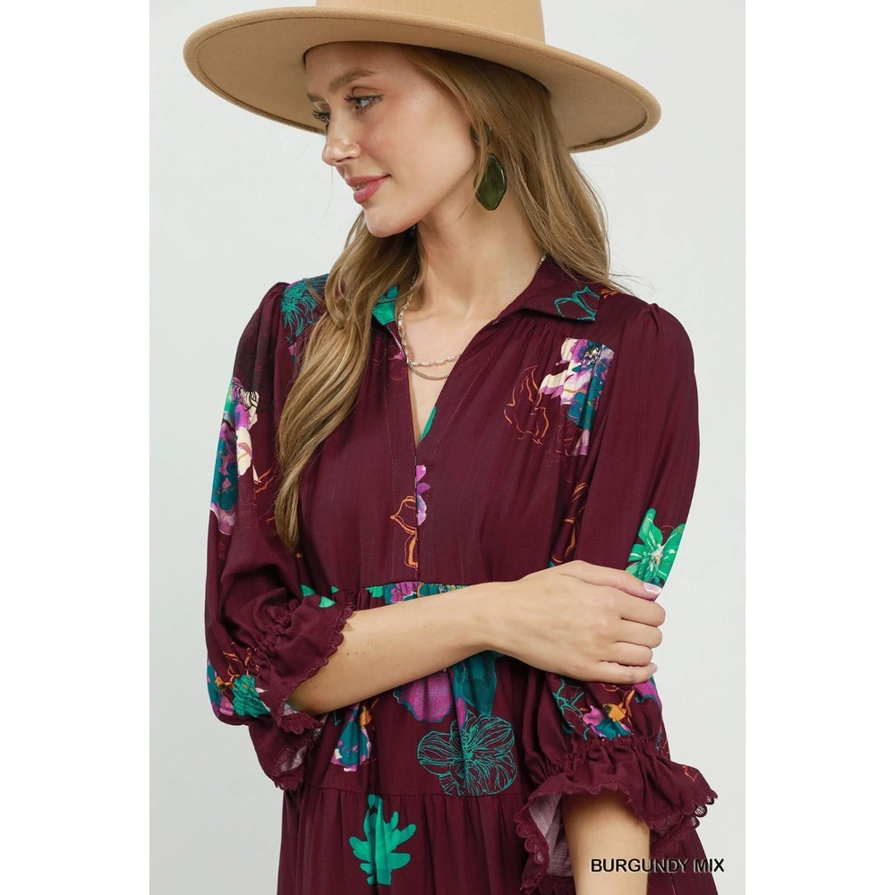 Umgee Floral Print Tiered Midi Dress with Puff Sleeves - Burgundy - Large - Picture 5 of 5